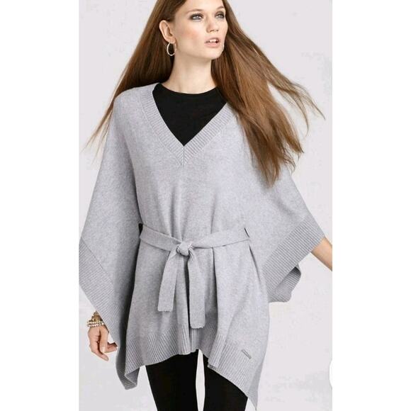 Michael Kors Angora Blend Heather Grey V-Neck Belted Sweater Poncho Caftan SM M - Picture 2 of 16